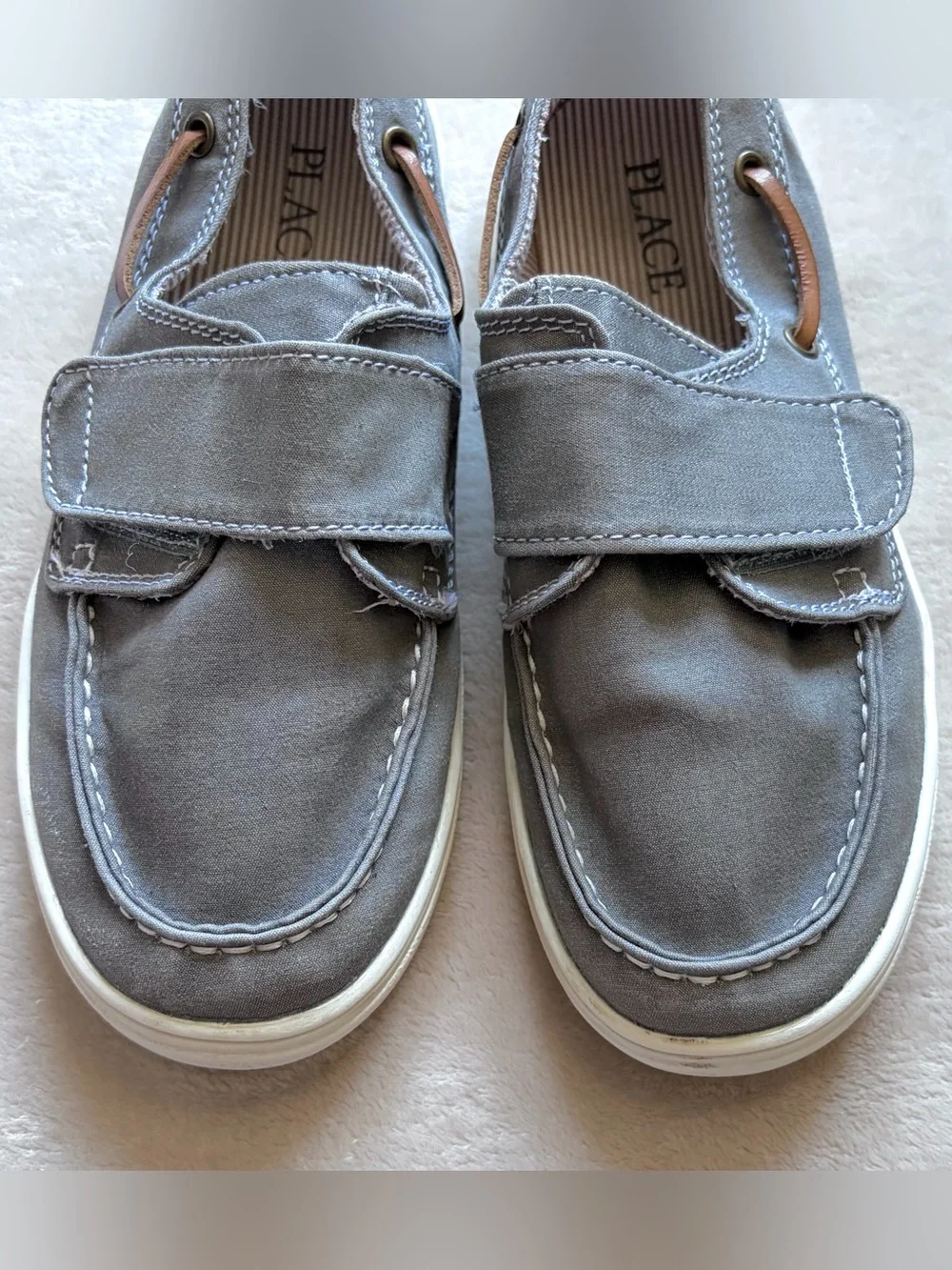 Children's Place Boys Gray Loafers - Slip On Boat Shoes W/ Velcro Strap, Size 3